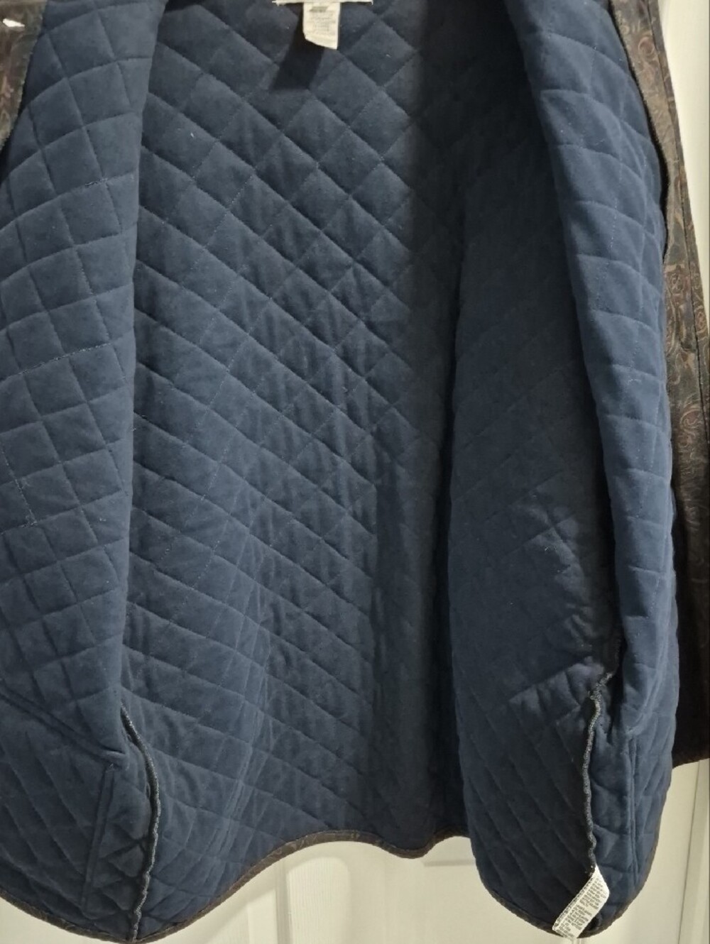 Jones Wear Quilted Paisley Puffer Jacket in Navy with Subtle Multicolor Accents - Picture 6 of 7